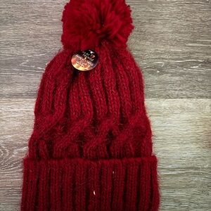 Cozy Thermal Red Knit Pom-Pom Beanie